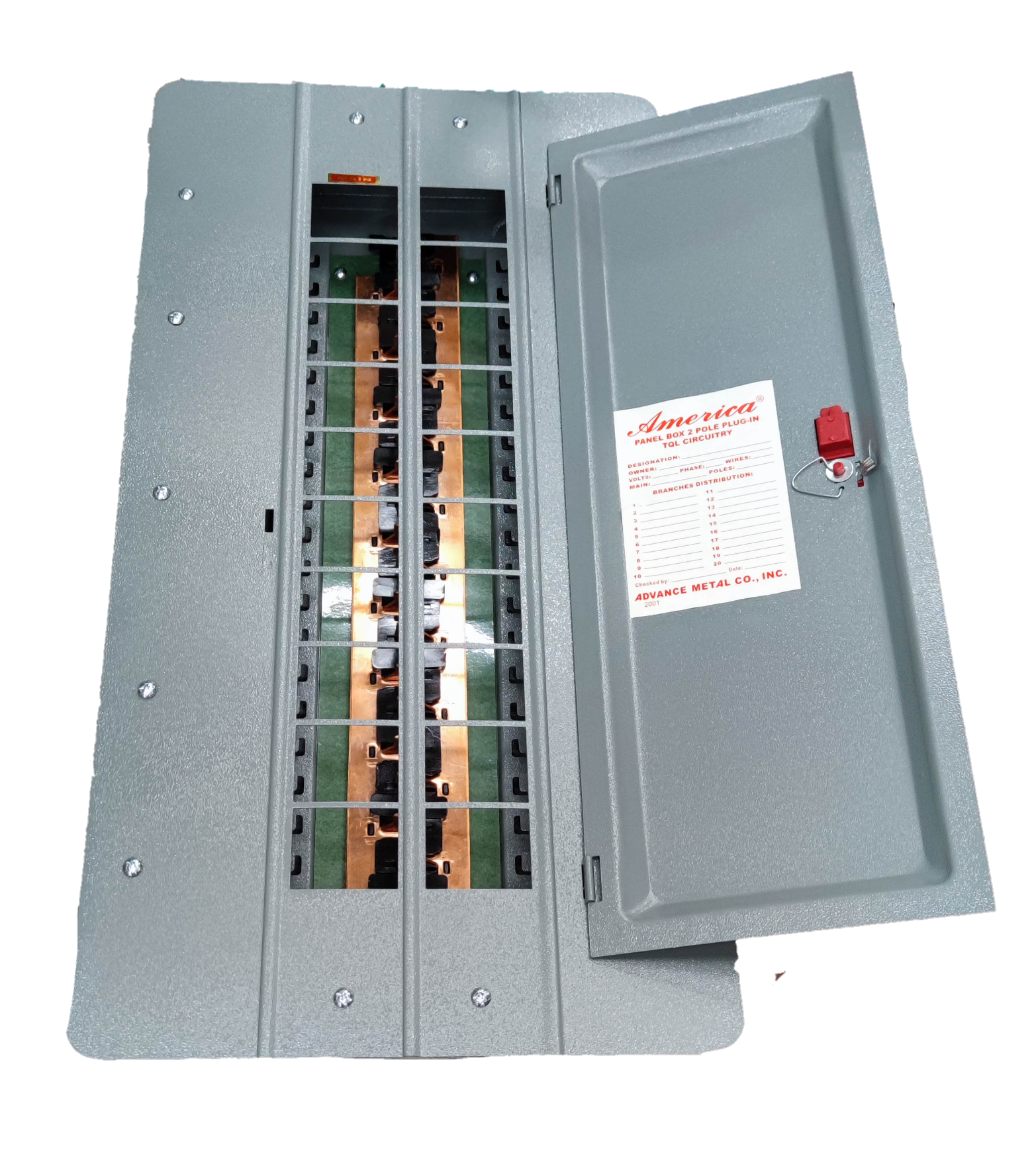 America panel board 18 branches metal electrical circuitry part with open gray cover