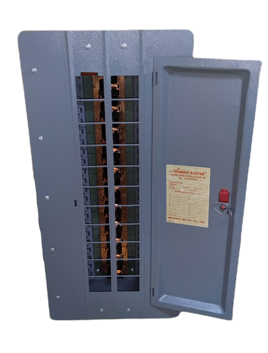 America electrical panel board 20 branches with open gray metal cover and circuit breakers