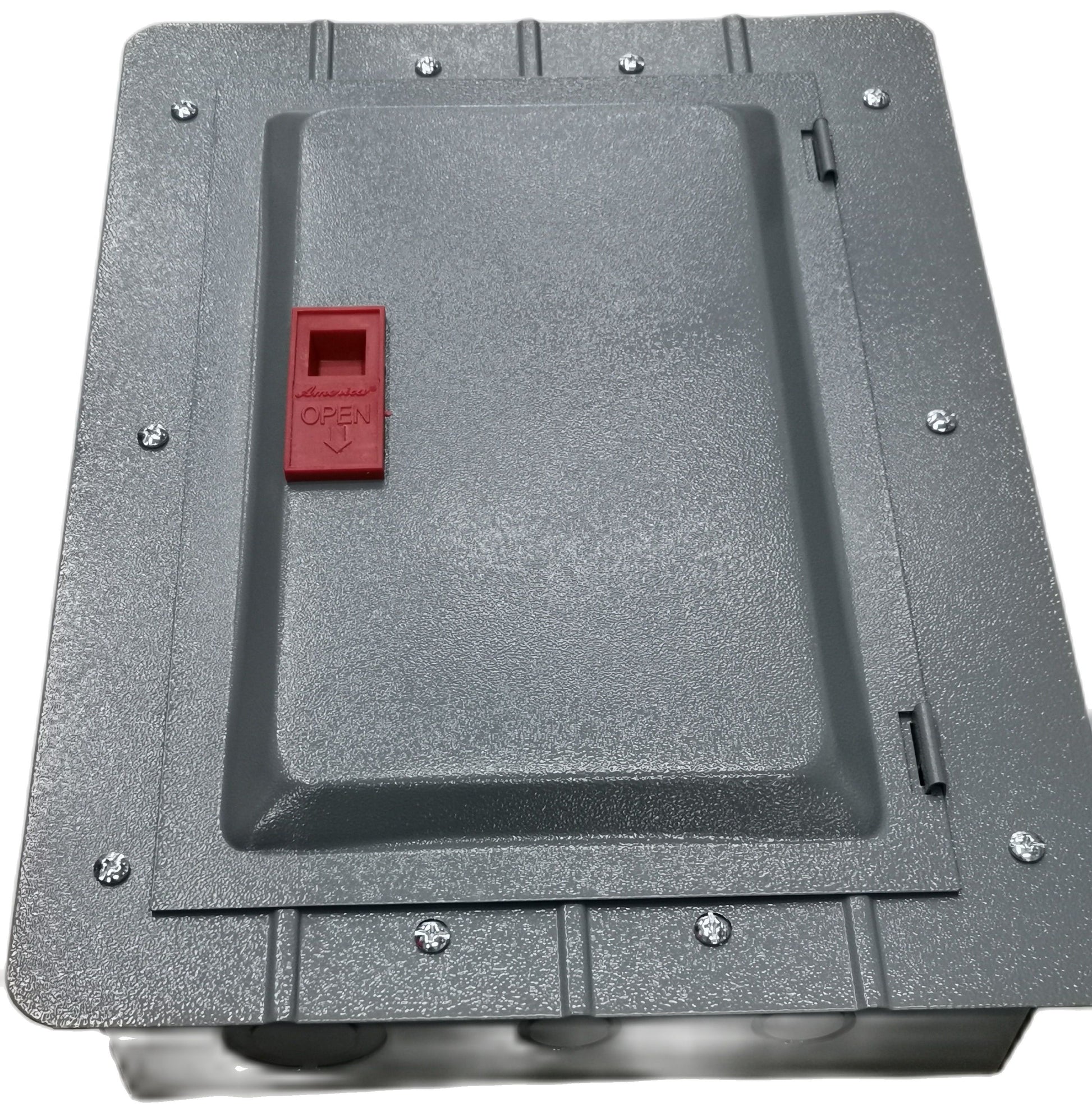 Gray panel board for 2 pole circuit breaker with red latch for electrical circuitry parts