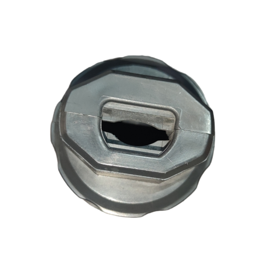 American Denki 20A twist lock outlet metal electrical component closeup on black background