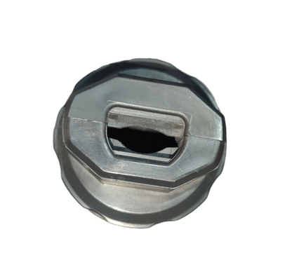 American Denki 20A twist lock outlet metal electrical component closeup on black background