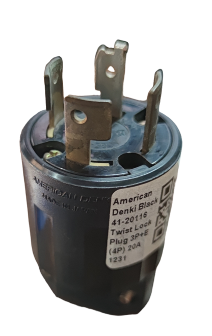 American Denki 20A twist lock plug black with metal prongs for secure electrical connection