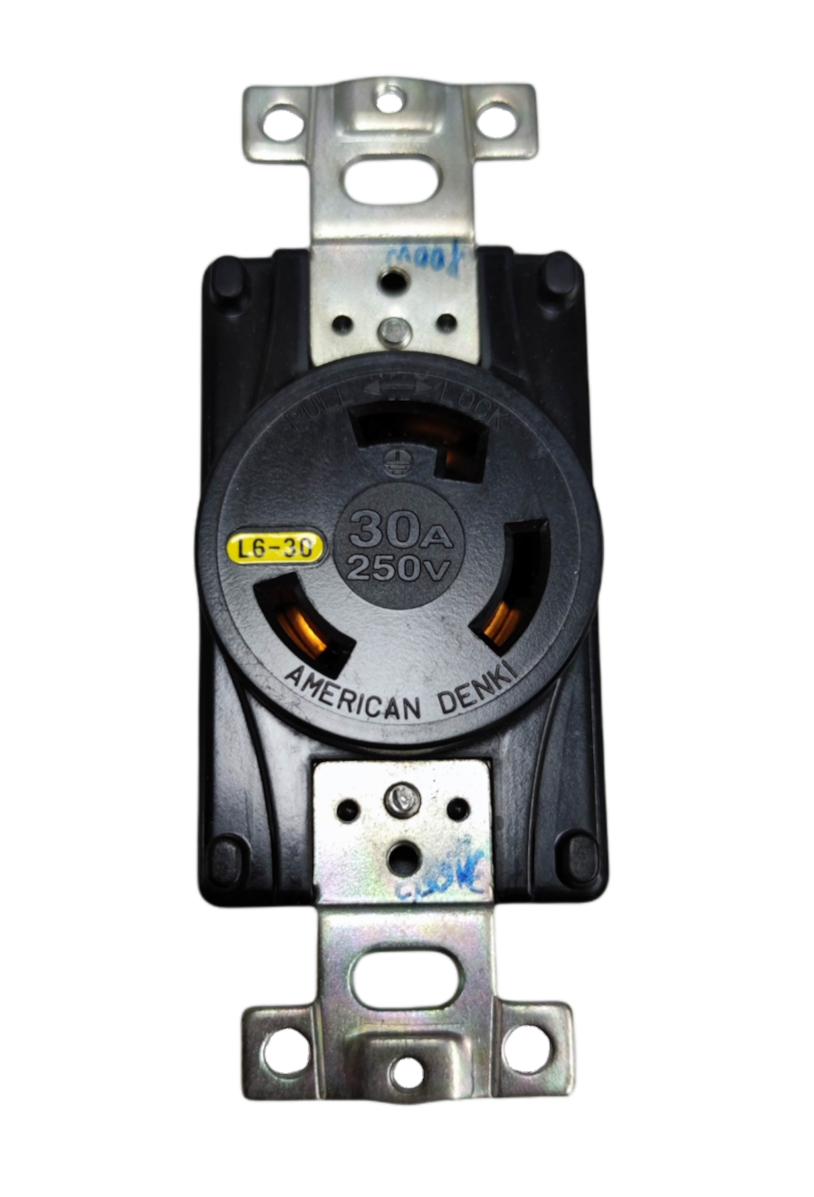 American Denki 30A twist lock outlet with 250V rating and durable metal mounting brackets