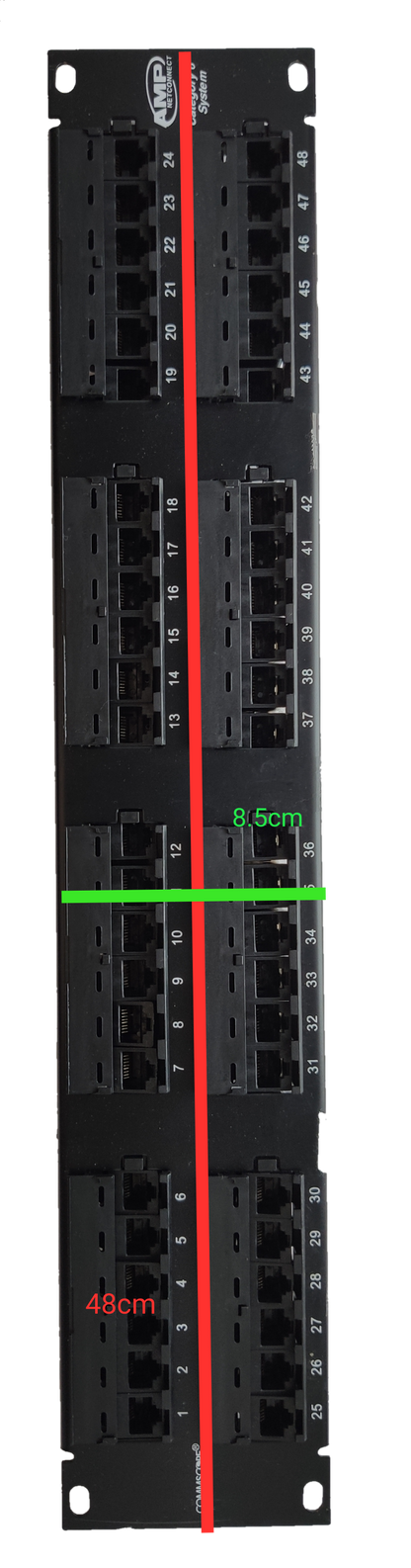 AMP CAT 6 patch panel 48 port black network access point with labeled ports and measurements