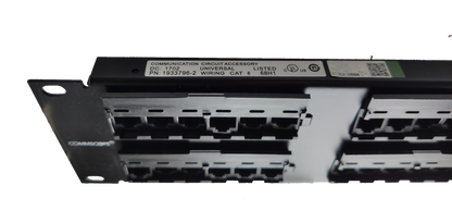 Close-up of AMP CAT 6 patch panel 48 port for network access points with multiple Ethernet ports