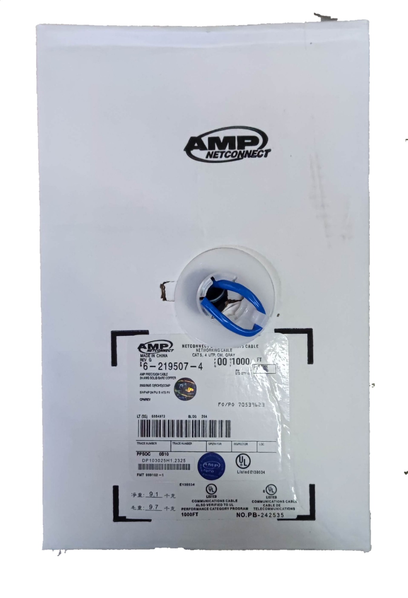 AMP branded white box containing CAT5e UTP LAN Cable 300 Meters with visible blue cable end