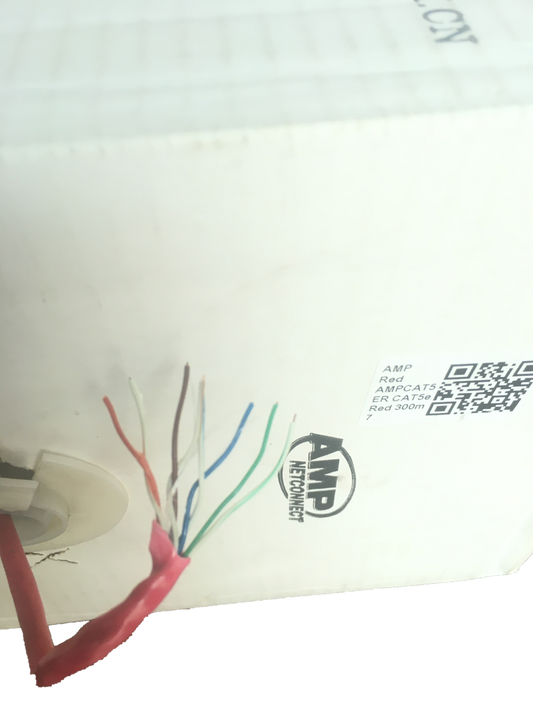 Close-up of AMP CAT5e UTP LAN Cable 300 Meters showing exposed internal colored wires