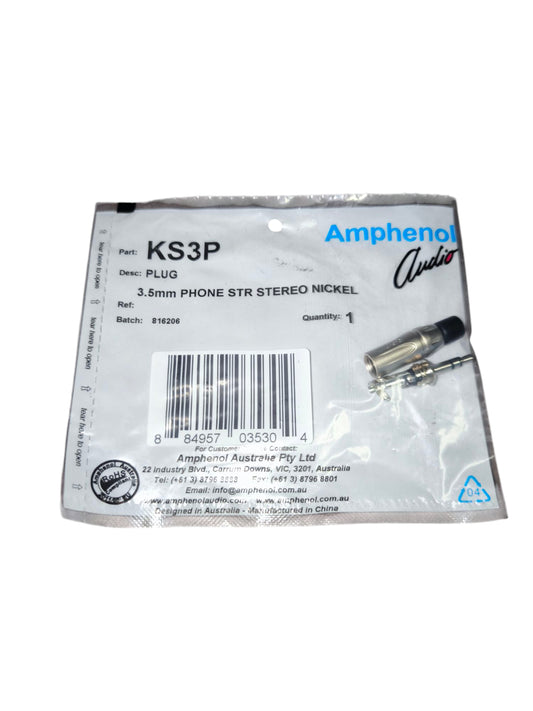 Amphenol 3.5mm phone plug in sealed bag showing Phone STR Stereo Nickel KS3P connector with nickel finish
