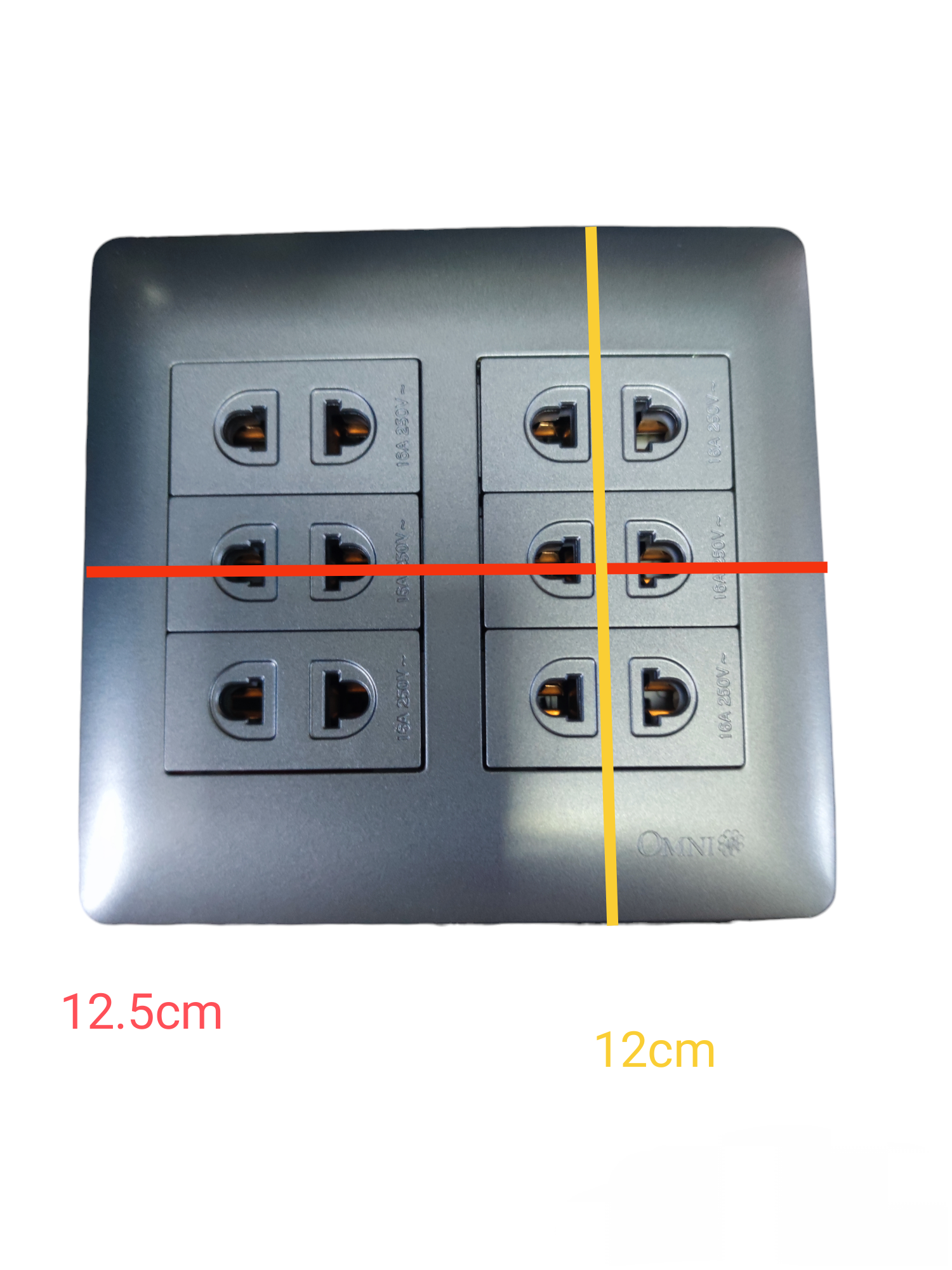 Omni 6 Gang Universal Outlet 16A 250V power socket panel with six universal plug ports in grey