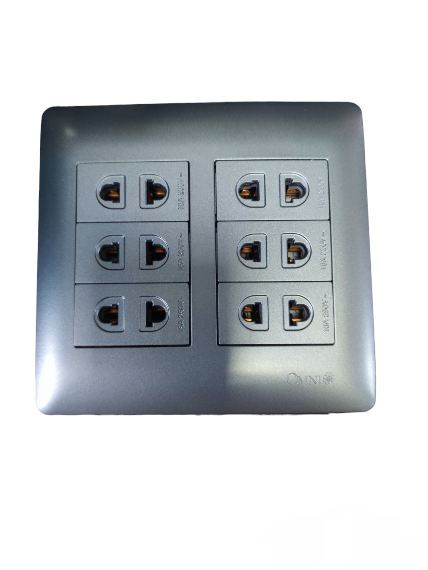 Omni 6 Gang Universal Outlet 16A 250V power point with six universal sockets and metallic gray finish