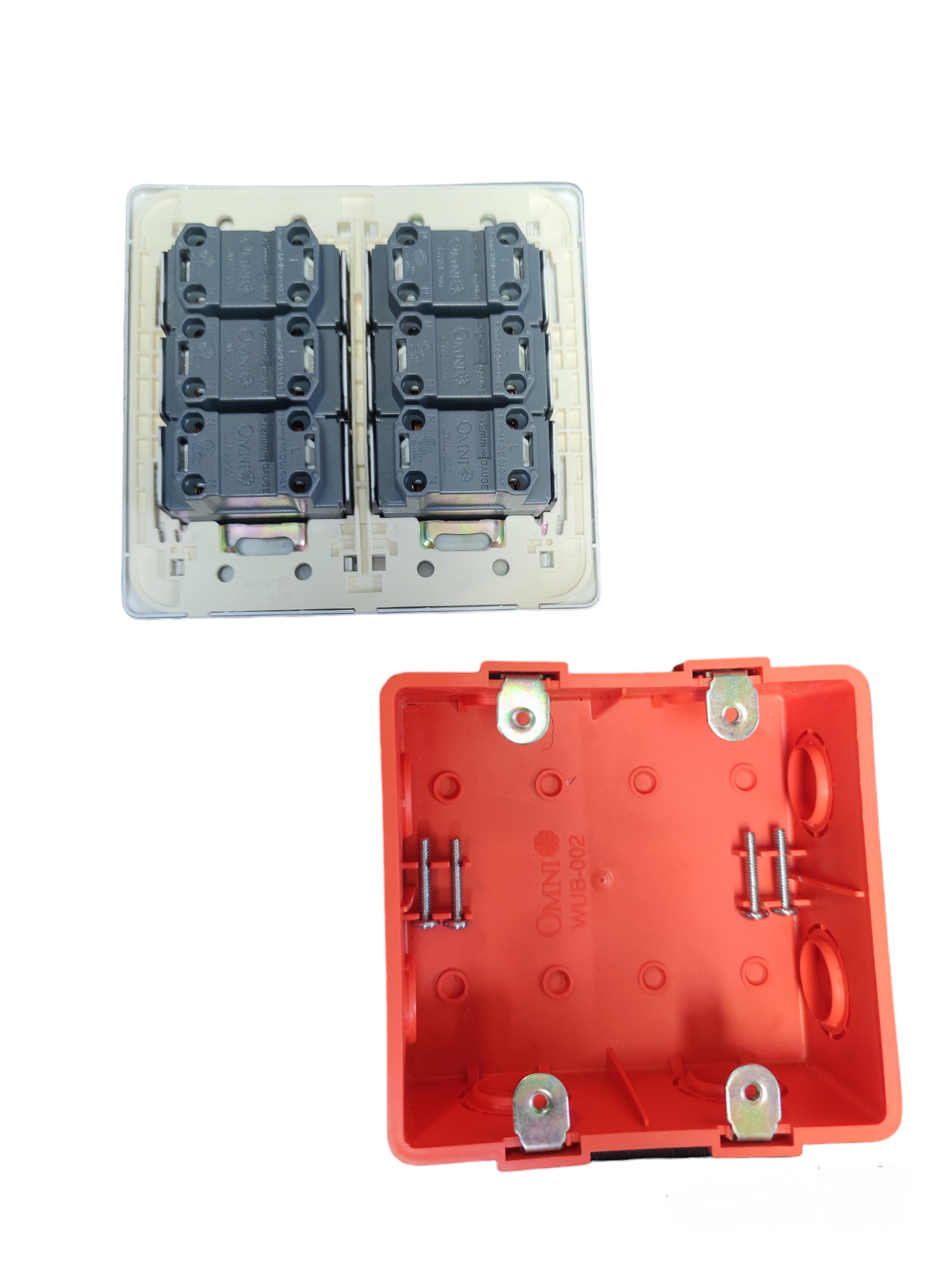 Omni 6 Gang Universal Outlet 16A 250V power point switch and red mounting box components