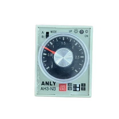 Front view of beige timer relay with black dial red pointer and 220V label anly ah3nb analogue timer relay 220v