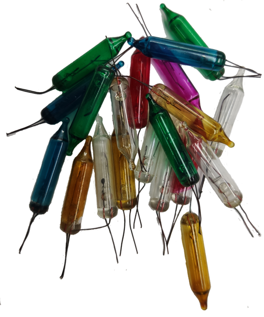 Assorted Christmas light bulbs in various colors including green, red, and yellow for festive decorations