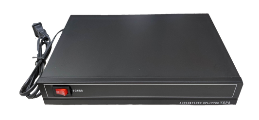 Grippes black audio video splitter 1 in 8 out device with power switch and cable