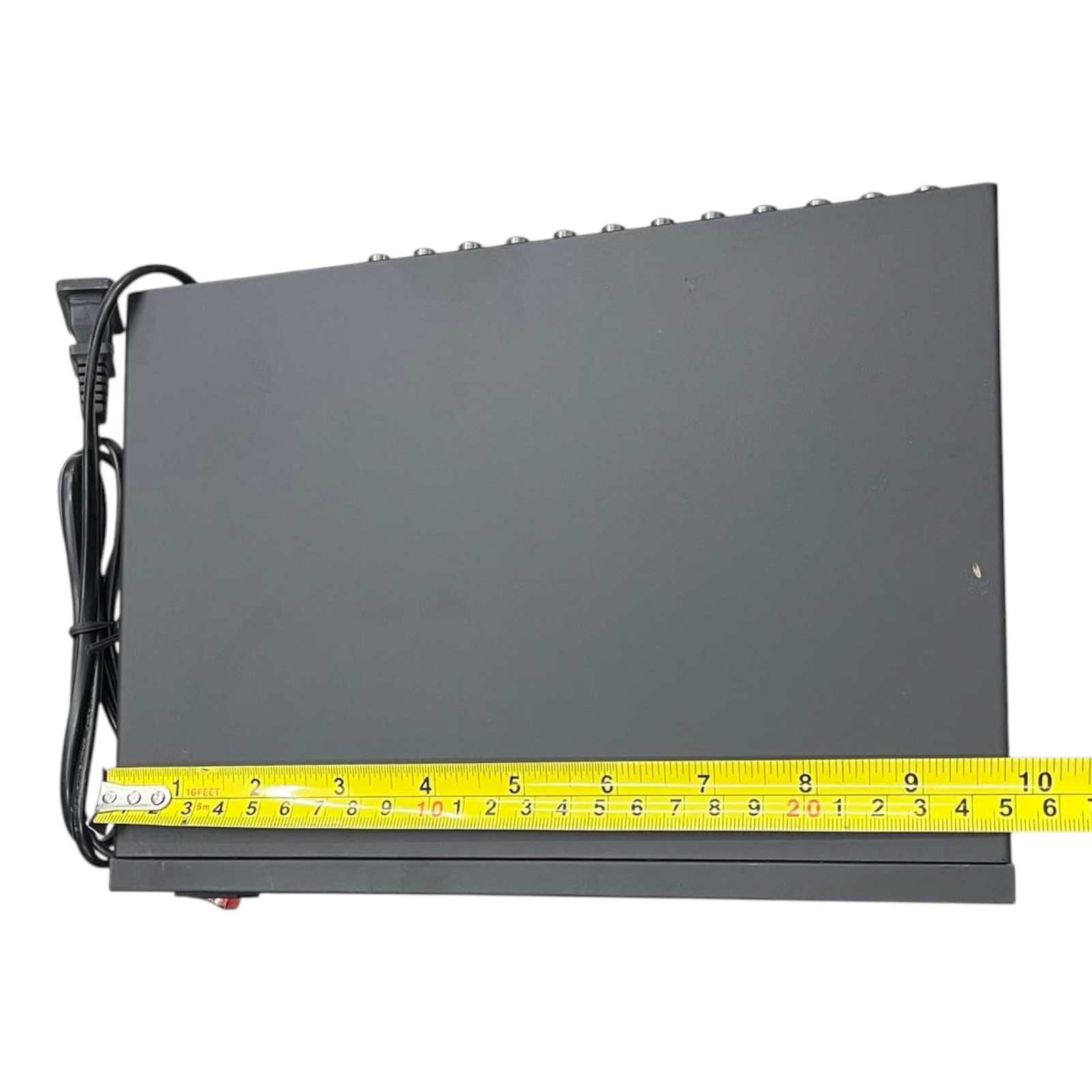 Grippes audio video splitter 1 in 8 out device with power cord and measurement tape showing size