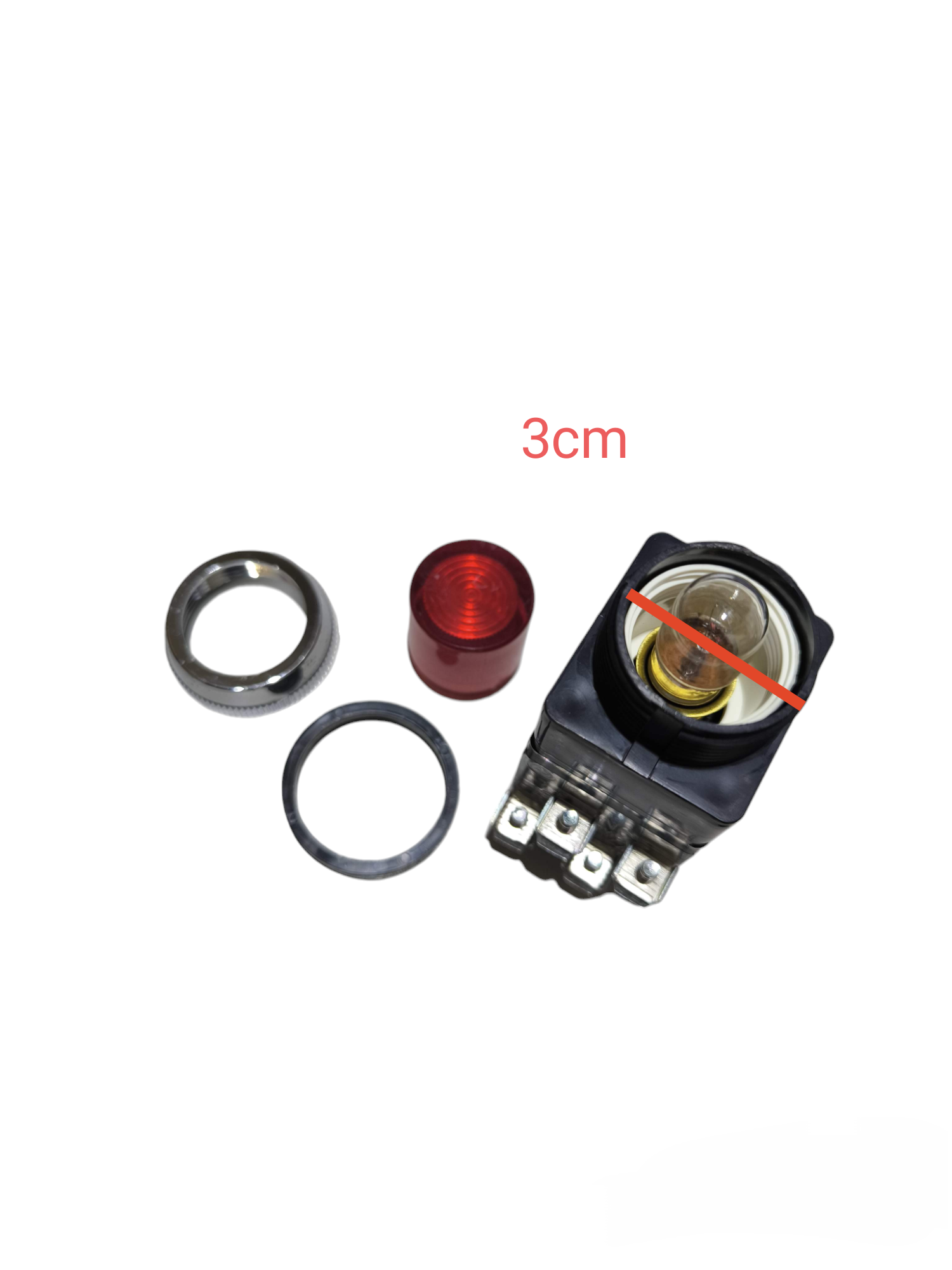 Auspicious 220V red illuminated push button with metal rings and black base showing 3cm size