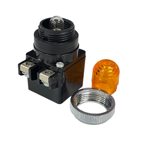 Auspicious 25mm yellow pilot lamp transformer type with black base screw terminals yellow lens and metal ring