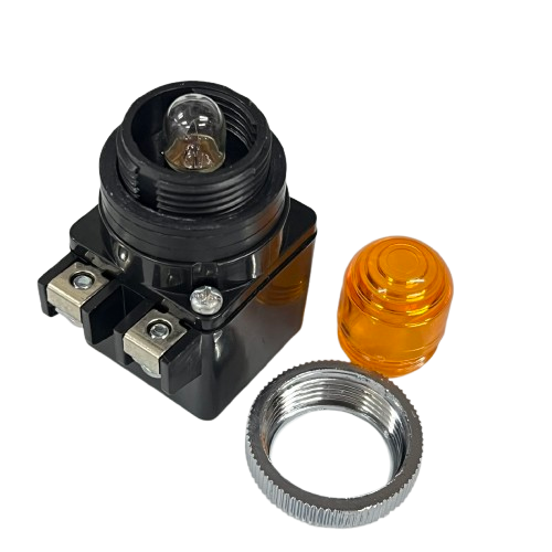 Auspicious 25mm yellow pilot lamp transformer type with black base bulb yellow lens and metal mounting ring