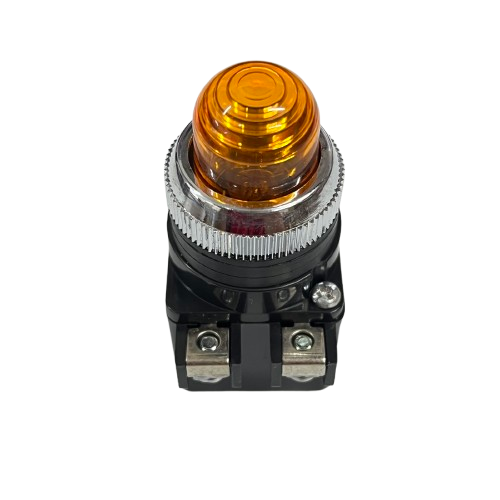 Auspicious 25mm yellow pilot lamp transformer type indicator with chrome bezel and screw terminals for control panels