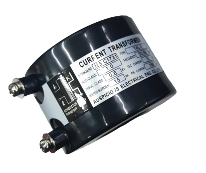 Auspicious current transformer 150 to 5 ratio cylindrical unit with dual terminal studs and product label for door chimes and bells