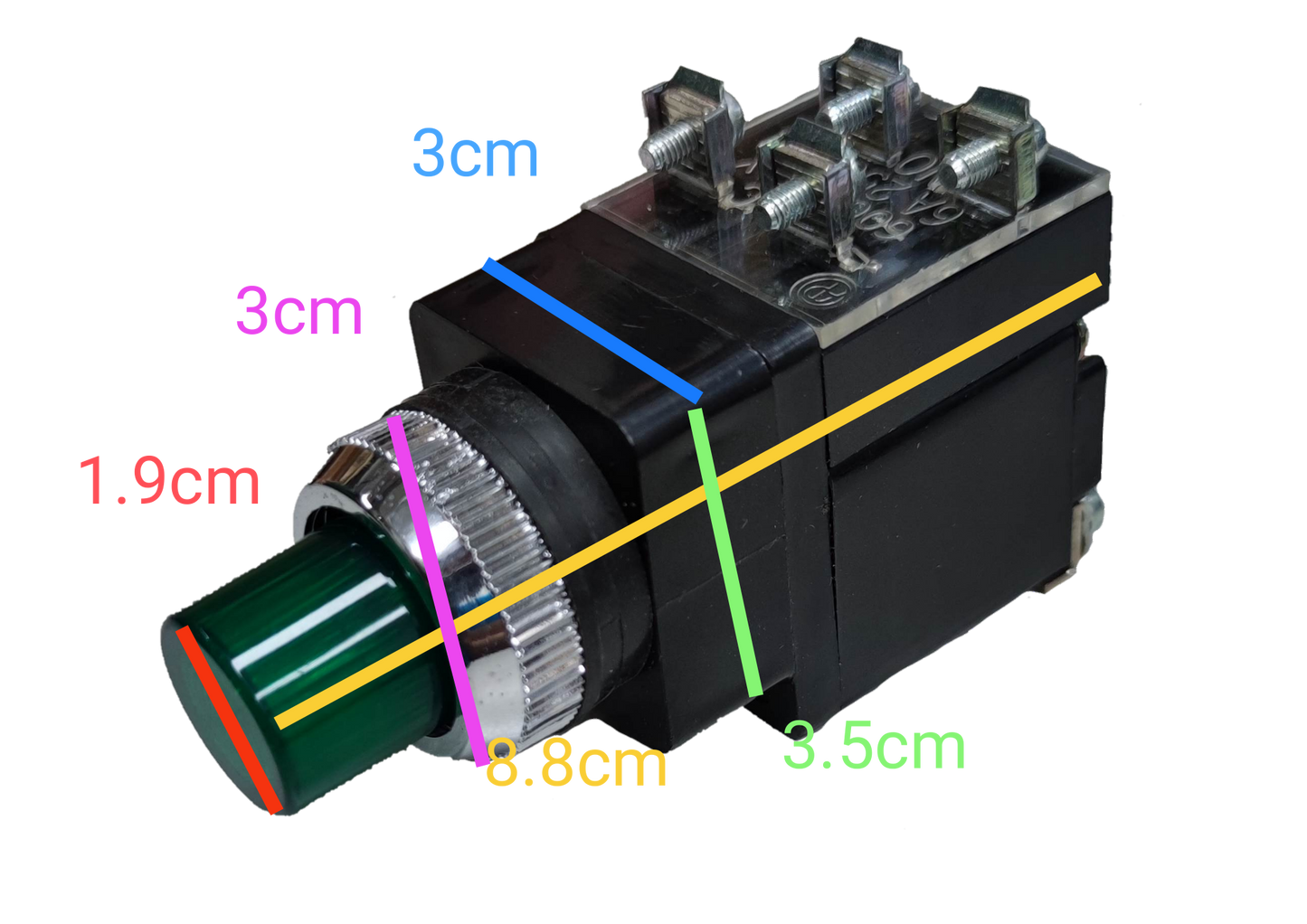 Auspicious green illuminated push button switch with metal and plastic components and wiring terminals