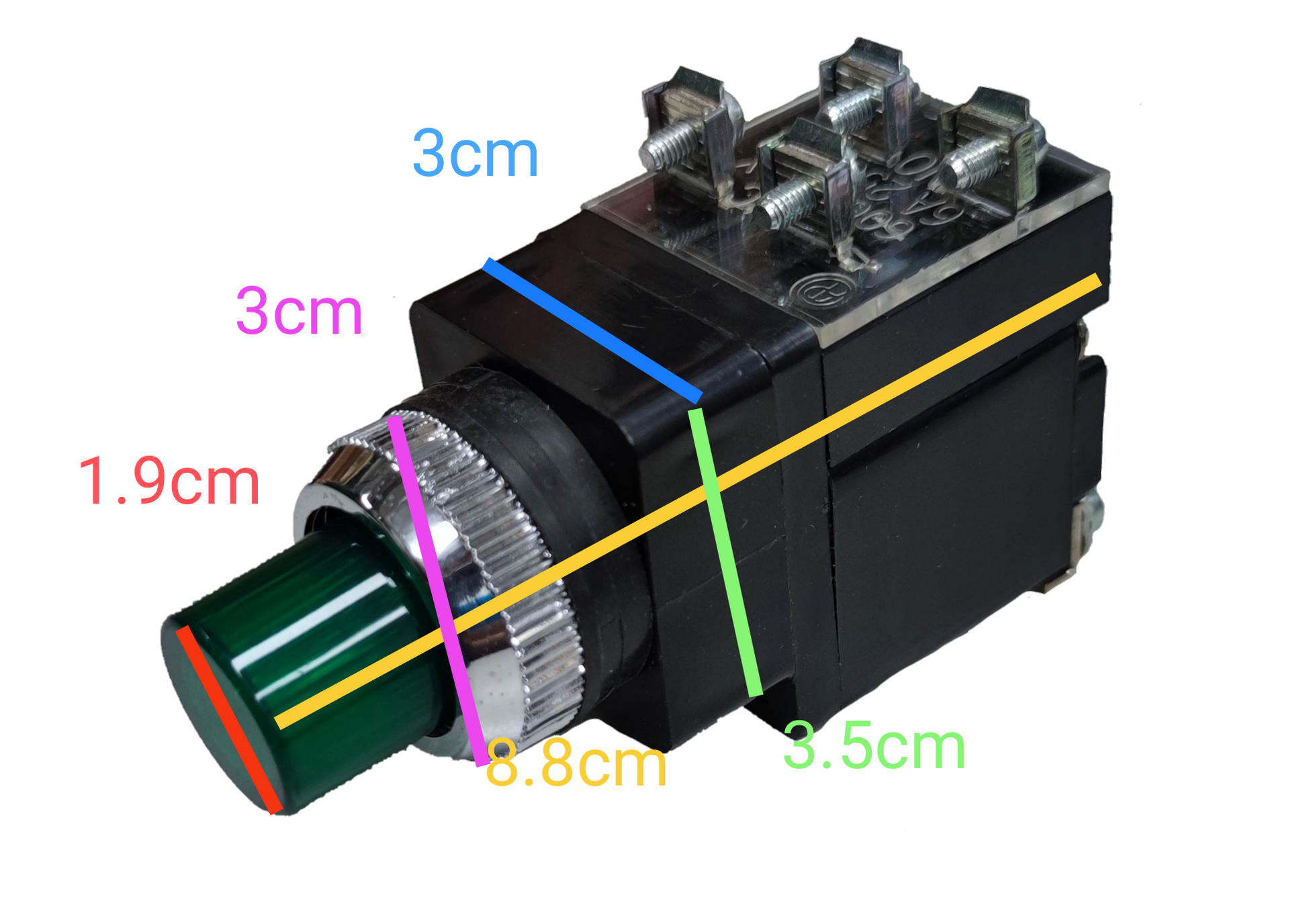 Auspicious green illuminated push button switch with metal and plastic components and wiring terminals