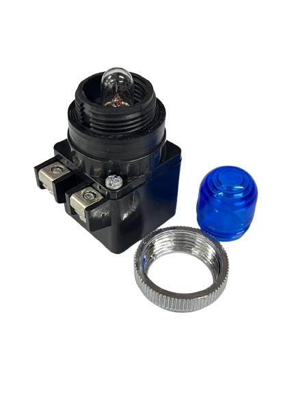 Auspicious Pilot Light 110V BLUE 25mm assembly showing bulb in black housing with blue lens cap and metal mounting ring