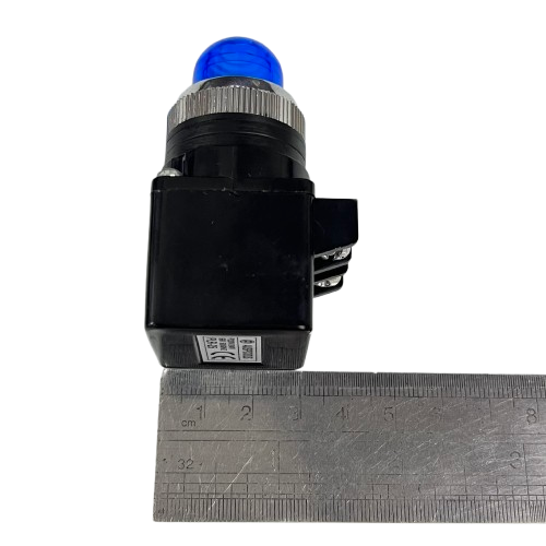 Auspicious Pilot Light 110V BLUE 25mm indicator with blue lens silver bezel and black rear housing next to ruler