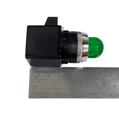 Auspicious Pilot Light 110V GREEN 25mm indicator with chrome bezel and black housing next to ruler for scale