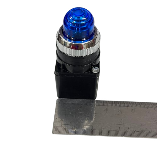 Auspicious Pilot Light 220V BLUE 25mm blue dome indicator with chrome bezel on black base shown next to ruler