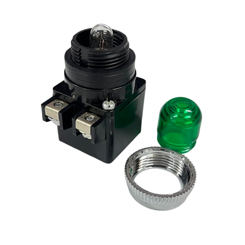 Auspicious Pilot Light 220V GREEN 25mm assembly with bulb base, green lens cap and chrome mounting ring