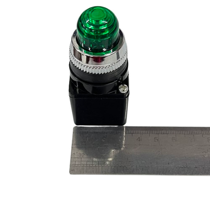 Auspicious Pilot Light 220V GREEN 25mm green indicator with chrome bezel and black mounting base beside ruler