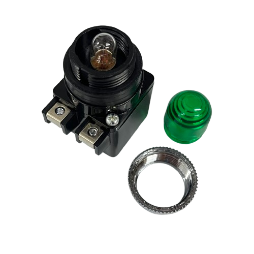Auspicious Pilot Light 220V GREEN 25mm assembly with black base bulb green lens and metal retaining ring
