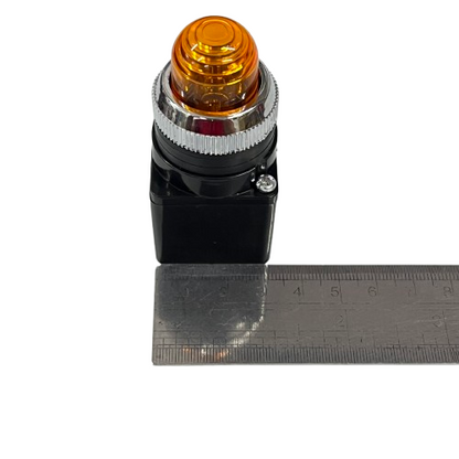 Auspicious Pilot Light 220V Yellow 25mm indicator with chrome bezel and black housing shown next to ruler