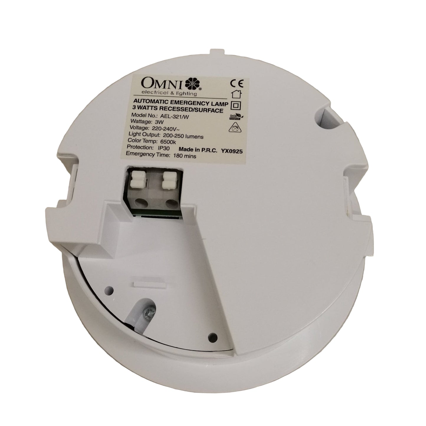 Omni Automatic Emergency Light 3 Watts 240V with a white surface mount design for reliable emergency lighting