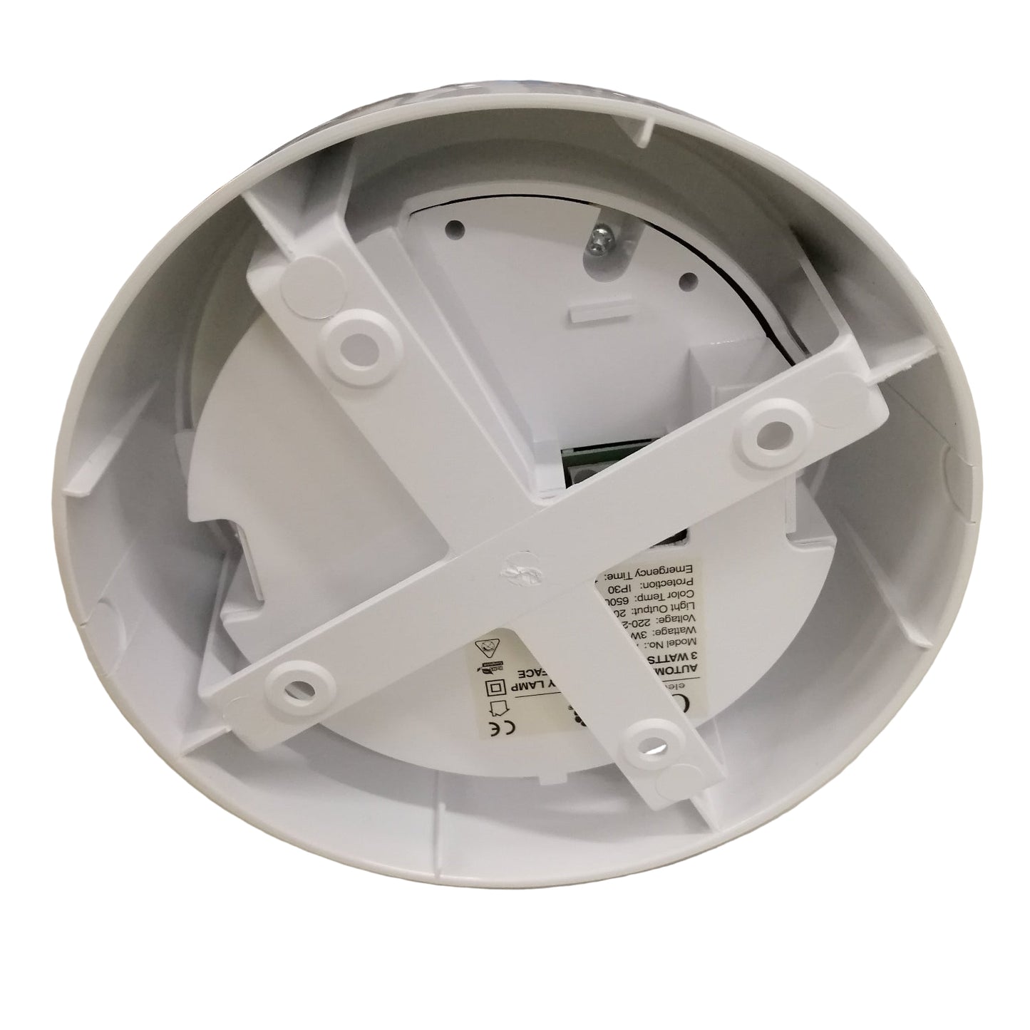 Omni automatic emergency light 3 watts 240V with a round white base and secure mounting design