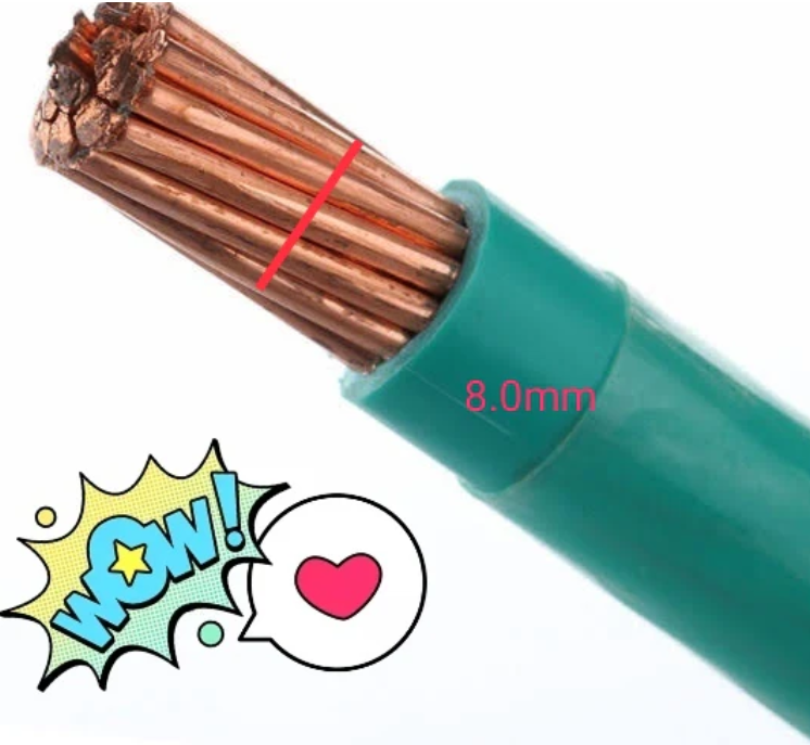 Close-up of THWN Green AWG 8 Stranded Wire showcasing copper strands and 8.0mm diameter for electrical applications