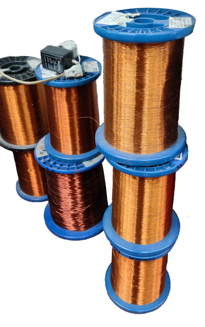 Assorted Philflex spools of AWG 9 to AWG 32 magnet wire in various colors for electrical applications