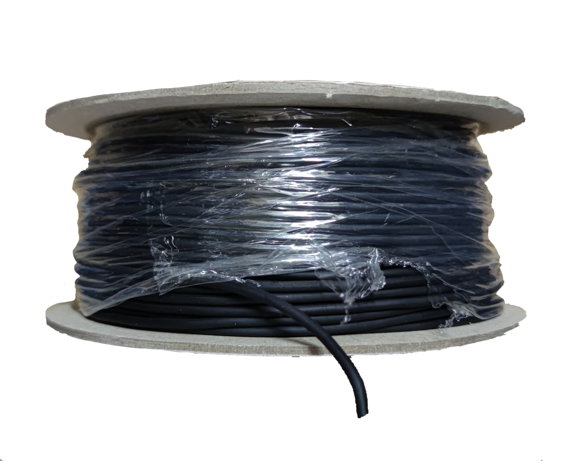 Spool of black AWG26 Shielded Cable wire wrapped in clear plastic from Taiwan vendor
