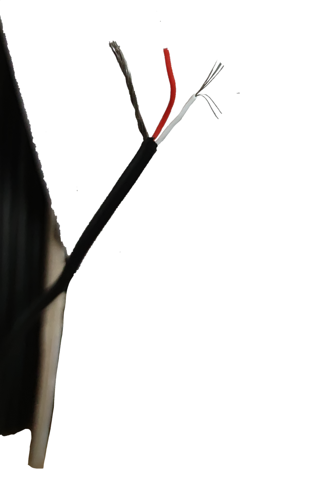 Taiwan-made AWG26 Shielded Cable with black outer sheath and exposed red and white wires