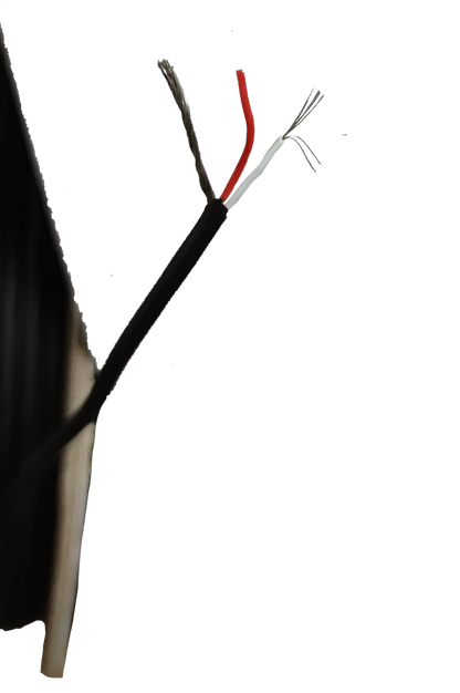 Taiwan-made AWG26 Shielded Cable with black outer sheath and exposed red and white wires