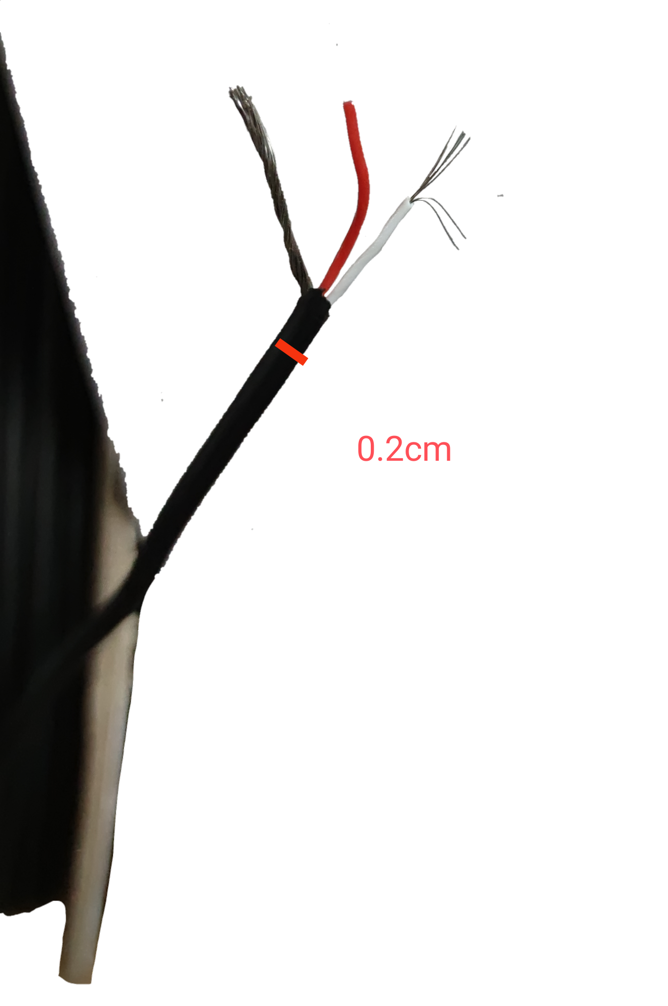 Close-up of Taiwan made AWG26 Shielded Cable with red and white wires and protective shielding