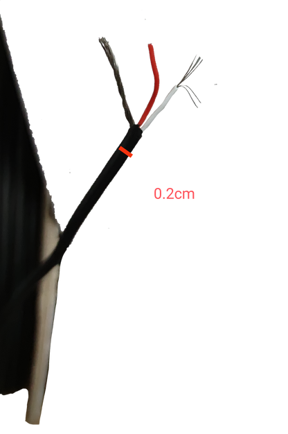 Close-up of Taiwan made AWG26 Shielded Cable with red and white wires and protective shielding