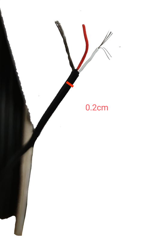 Close-up of Taiwan made AWG26 Shielded Cable with red and white wires and protective shielding