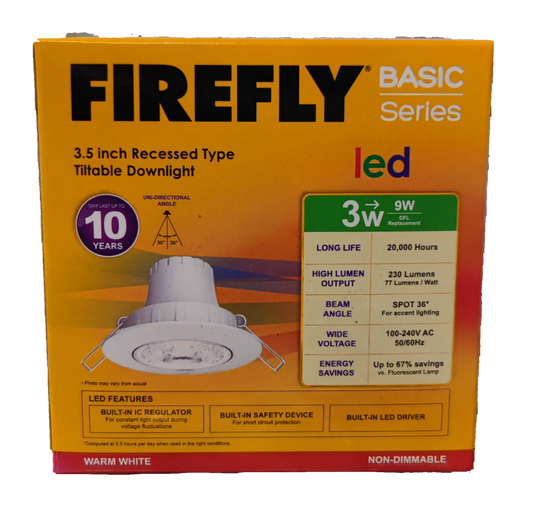 Firefly 3.5 Inches LED Downlight 220V Firefly 3.5" LED Downlight Adjustable 220V, 3.5 Inches Tiltable Downlight Available in Warm White or Daylight 3W Tiltable Downlight 5W Titable Downlight, Swivel Type