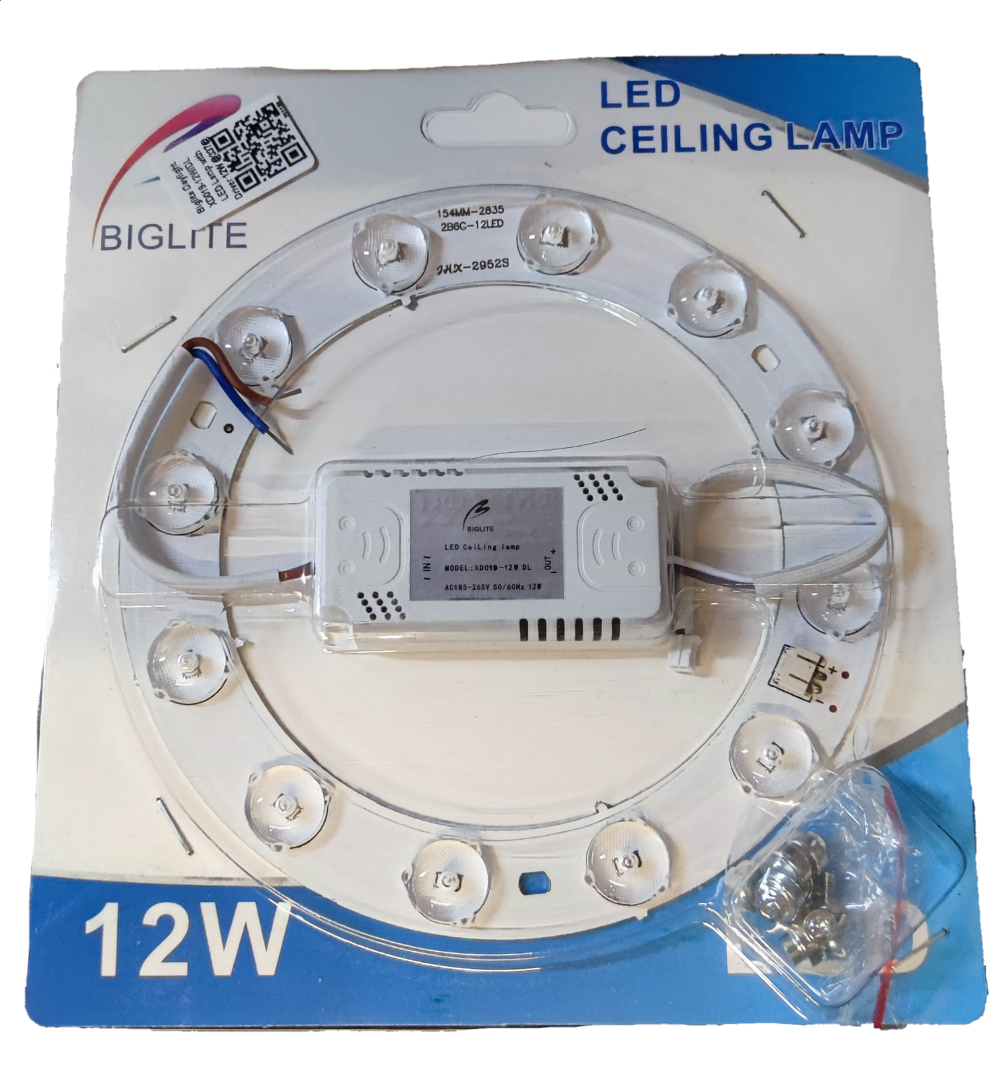 Biglite 12W LED ceiling lamp replacement with circular LED bulbs and power driver on packaging