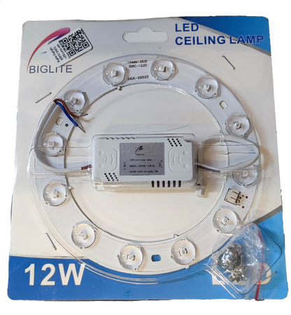 Biglite 12W LED ceiling lamp replacement with circular LED bulbs and power driver on packaging