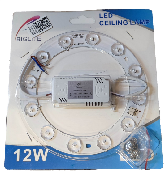 Biglite 12W LED ceiling lamp replacement with circular LED bulbs and power driver on packaging