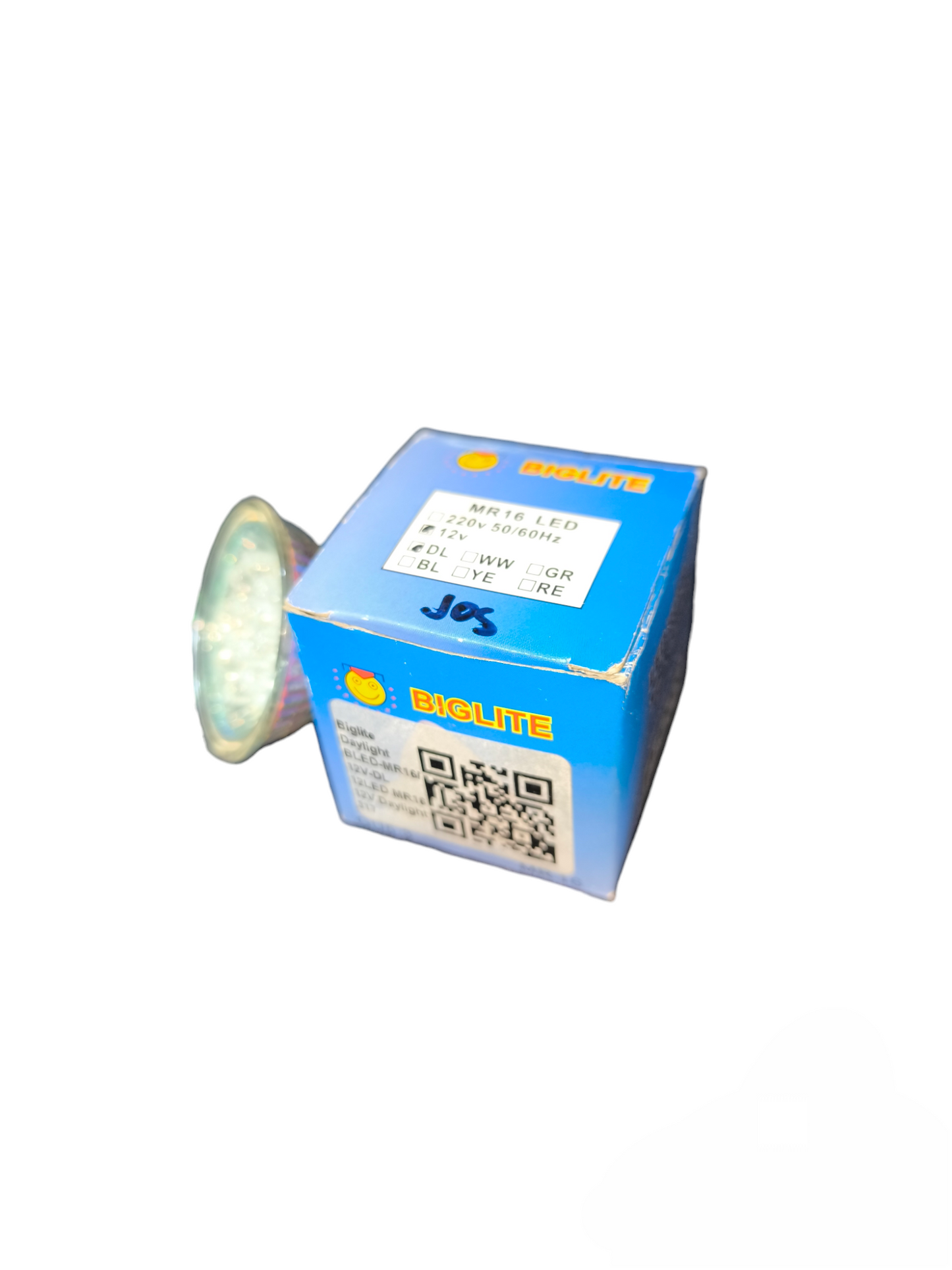 Biglite 1W LED MR16 bulb with blue packaging box showing product details and QR code