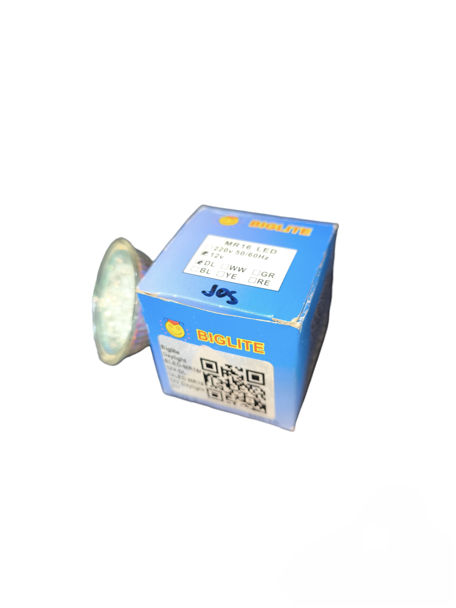 Biglite 1W LED MR16 bulb with blue packaging box showing product details and QR code